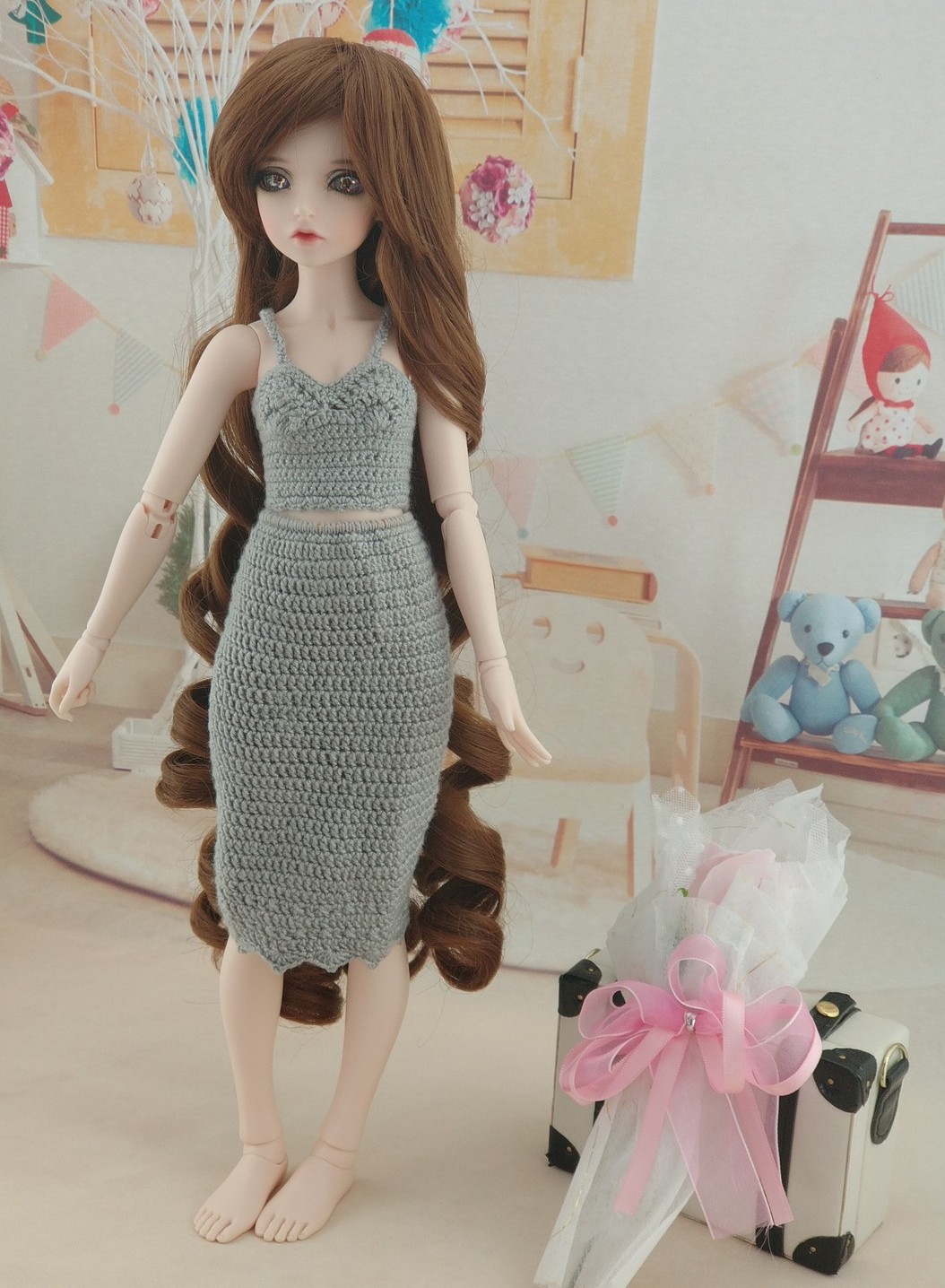 Crochet grey dress for 1/4 size BJD - Click Image to Close